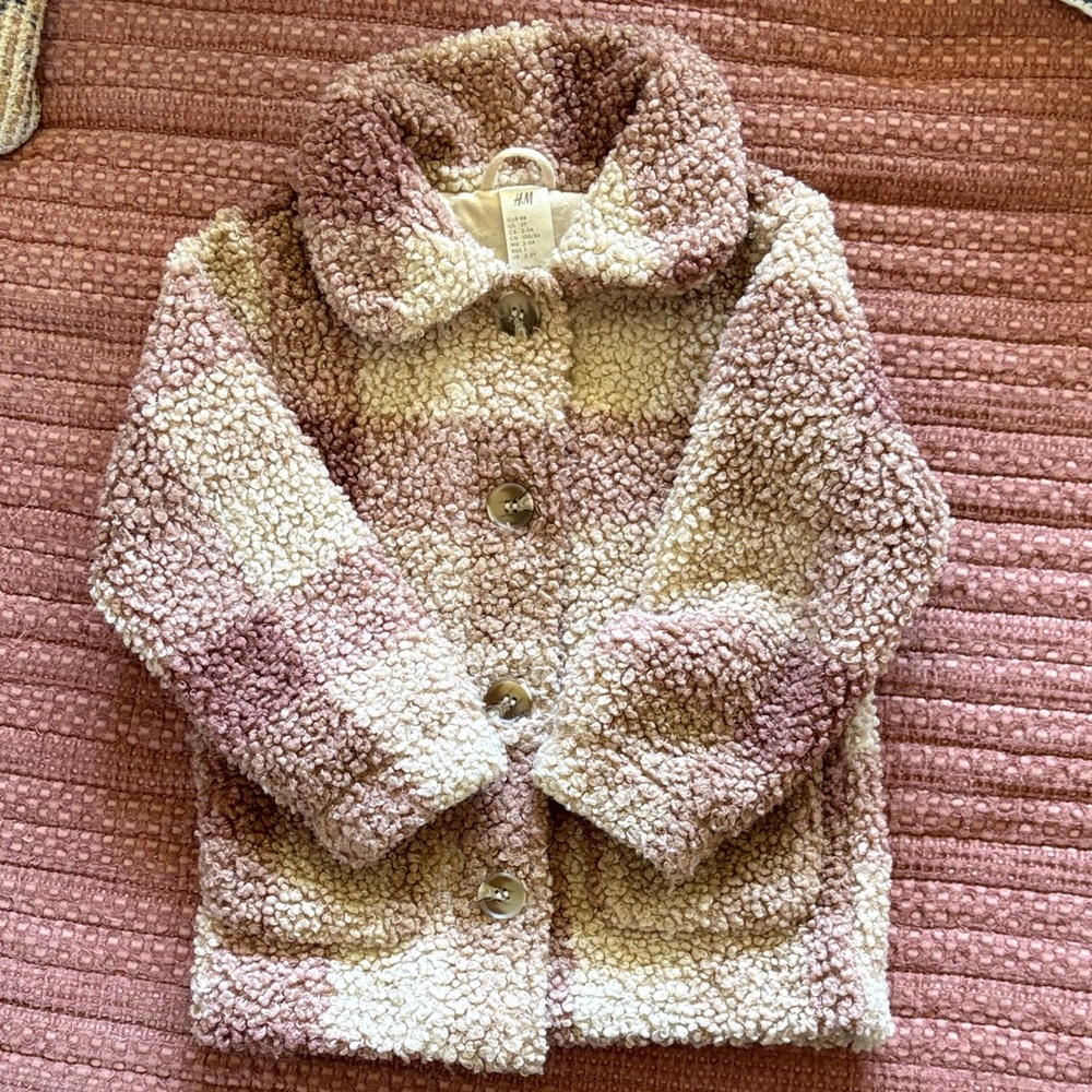 H&M Cream & Dusty Pink Sherpa Button-Up Coat